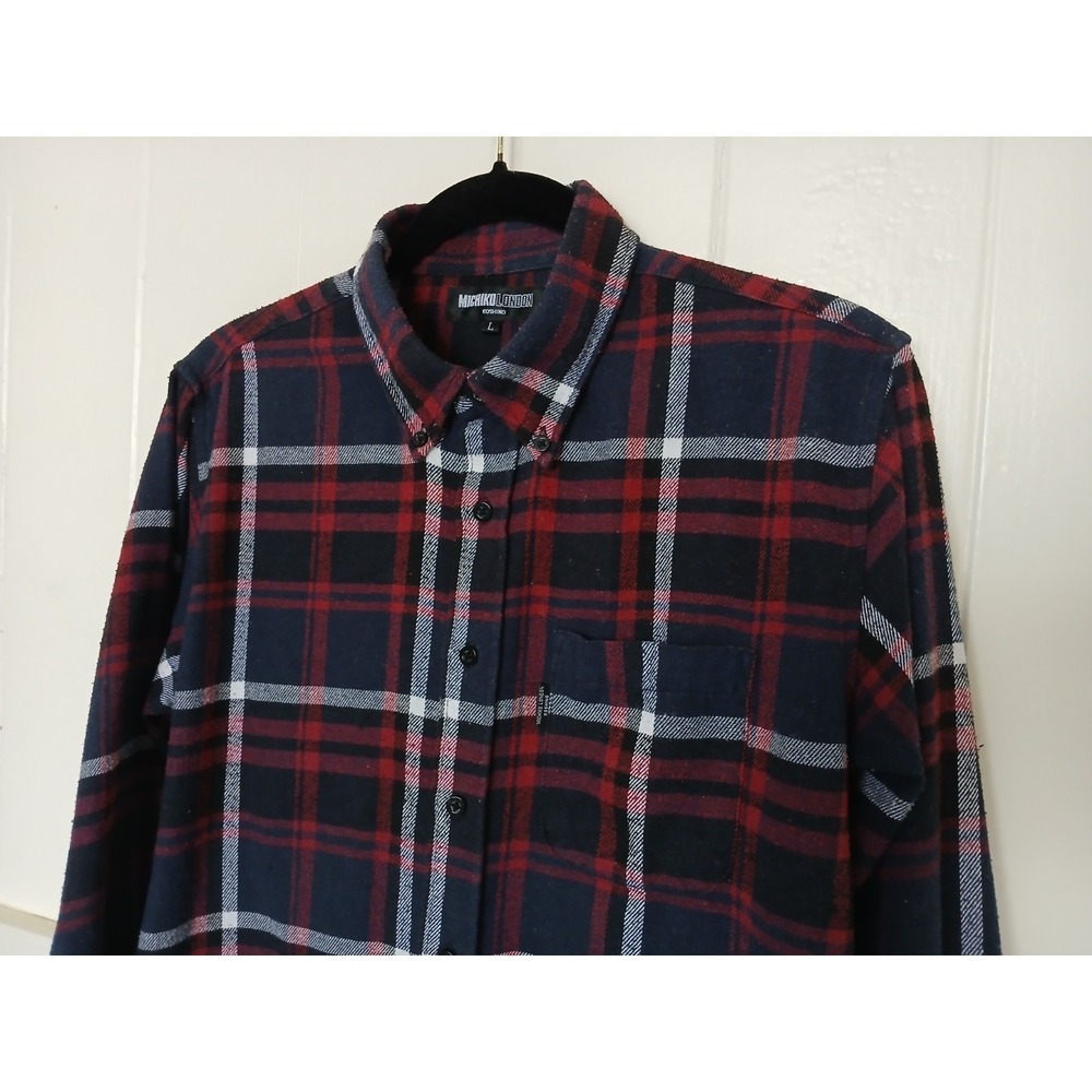Vintage Michiko Koshino London Button Shirt Mens L Long Sleeve Flannel Plaid Red